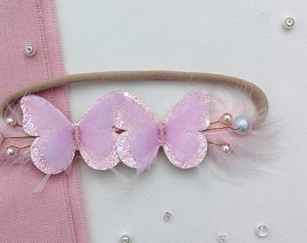 Pink butterfly baby headband, butterfly headpiece, crystal headpiece, butterfly birthday party, first birthday princess, butterfly jewelry