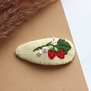 Mushroom hair clip, mushroom jewelry, strawberry snap clip,flowers barrette, toadstool clips, fly agaric accessories, embroidered hair clip Strawberry clip