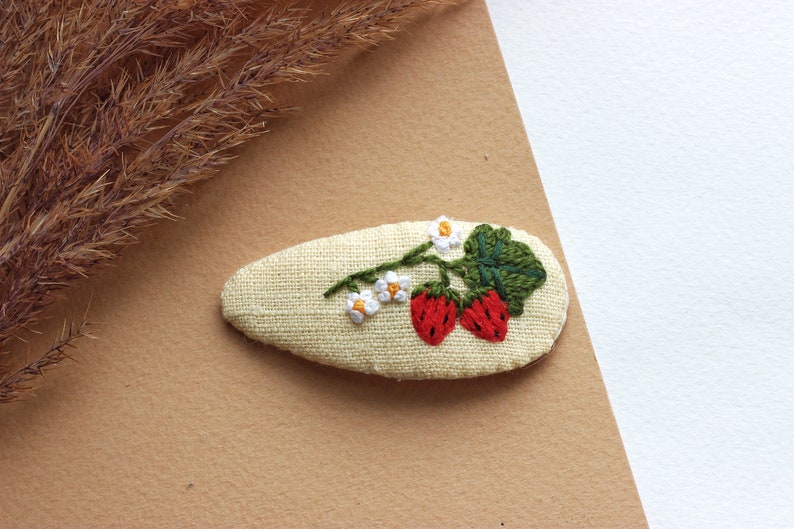 Mushroom hair clip, mushroom jewelry, strawberry snap clip,flowers barrette, toadstool clips, fly agaric accessories, embroidered hair clip Strawberry clip