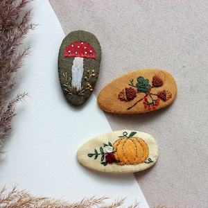 Mushroom hair clip, mushroom jewelry, pumpkin snap clip, acorns barrette, toadstool clips, fly agaric accessories, embroidered hair clip