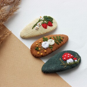 Mushroom hair clip, mushroom jewelry, strawberry snap clip,flowers barrette, toadstool clips, fly agaric accessories, embroidered hair clip image 2