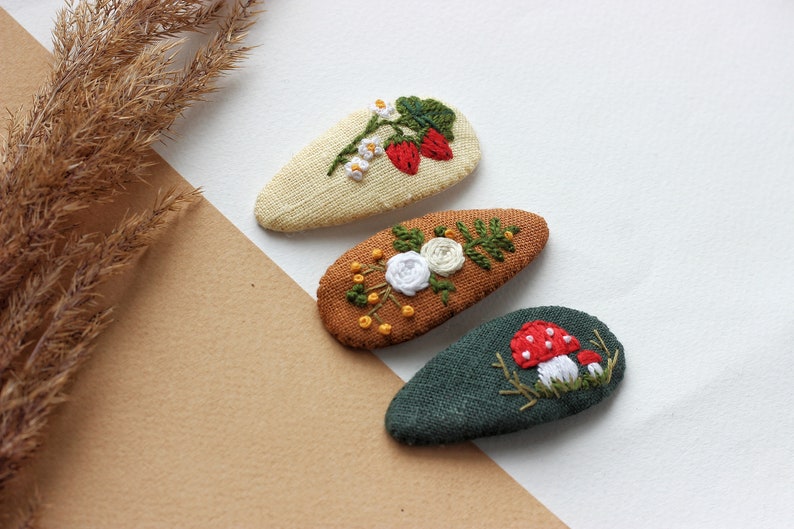 Mushroom hair clip, mushroom jewelry, strawberry snap clip,flowers barrette, toadstool clips, fly agaric accessories, embroidered hair clip image 2