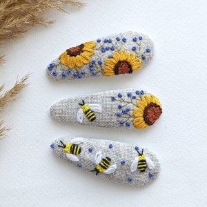 Embroidered hair clip, sunflower barrette, bee kids clip, bee birthday party, yellow flowers clip, embroidery accessories, toddler barrette