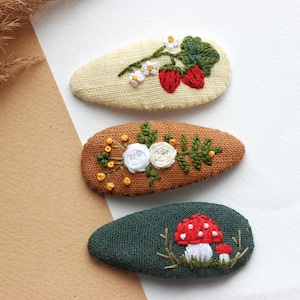 Mushroom hair clip, mushroom jewelry, strawberry snap clip,flowers barrette, toadstool clips, fly agaric accessories, embroidered hair clip Set of three clips