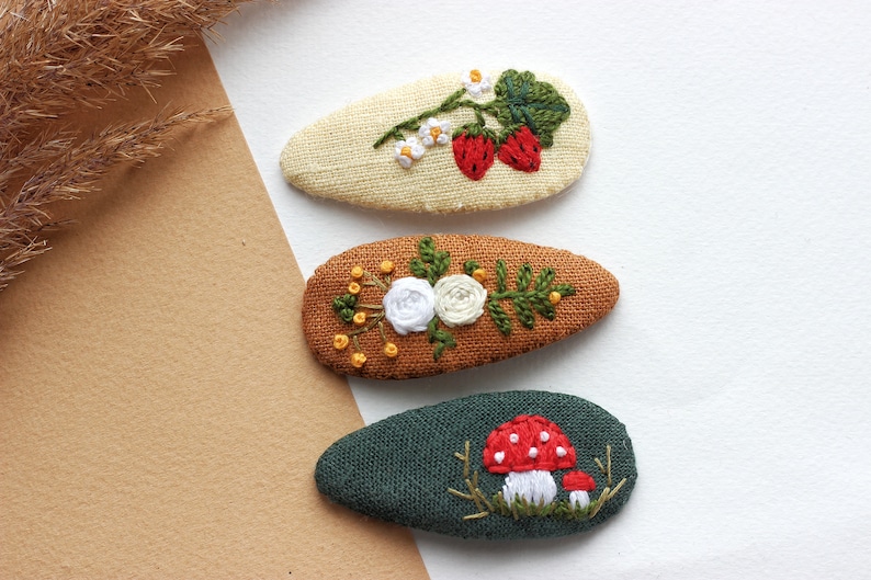 Mushroom hair clip, mushroom jewelry, strawberry snap clip,flowers barrette, toadstool clips, fly agaric accessories, embroidered hair clip Set of three clips