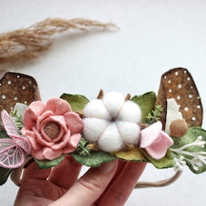 Deer flower crown, woodland deer headband, deer fawn ears, first birthday party, autumn photo prop, pink flowers crown, Halloween deer