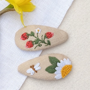 Summer hair clips, strawberry barrette, flowers  clip, forest hair accessories,made in Ukraine, summer party baby, embroidered hair clip