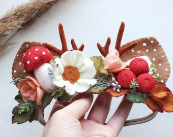 Deer flower crown, woodland deer headband, deer fawn ears, first birthday party, forest first birthday, deer baby costume, antlers deer