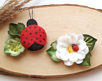 Ladybug and chamomile hair clip, summer barrette, kids hair accessory, ladybug baby look, white flowers clip, ladybug birthday party