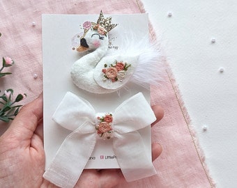 Gestickter Haarclip, weißer Schwan Baby Haarspange, Schwan Geburtstagsparty, niedliche weiße Schleife, Mädchen Haarschmuck, Prinzessinnen Schwan Haarclip