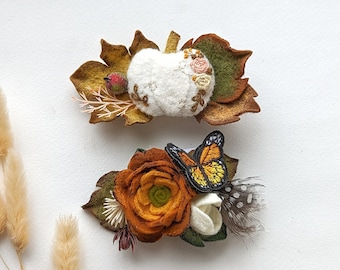 Fall flower hair clip, embroidered pumpkin barrette, white pumpkin jewelry, Halloween hair accessories, Halloween party, baby look, gift