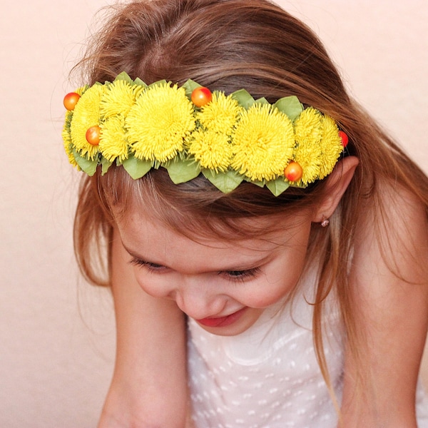 Fascia di dente di leone, fascia di fiori estivi gialli, prima festa di compleanno, supporto fotografico estivo, gioielli di dente di leone, corona, look da bambino con dente di leone