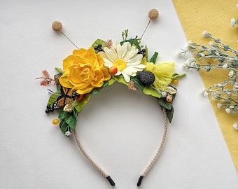 Baby white and yellow flowers headband, bee headband, summer first birthday party, jewelry bumblebee, photo prop, bee baby look