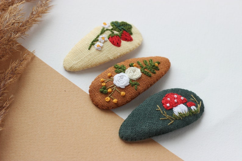 Mushroom hair clip, mushroom jewelry, strawberry snap clip,flowers barrette, toadstool clips, fly agaric accessories, embroidered hair clip image 3