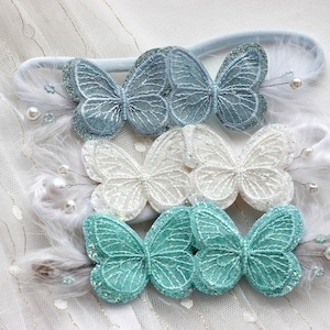 White butterfly baby headband, butterfly headpiece, crystal headpiece, butterfly birthday party, first birthday princess, blue butterfly