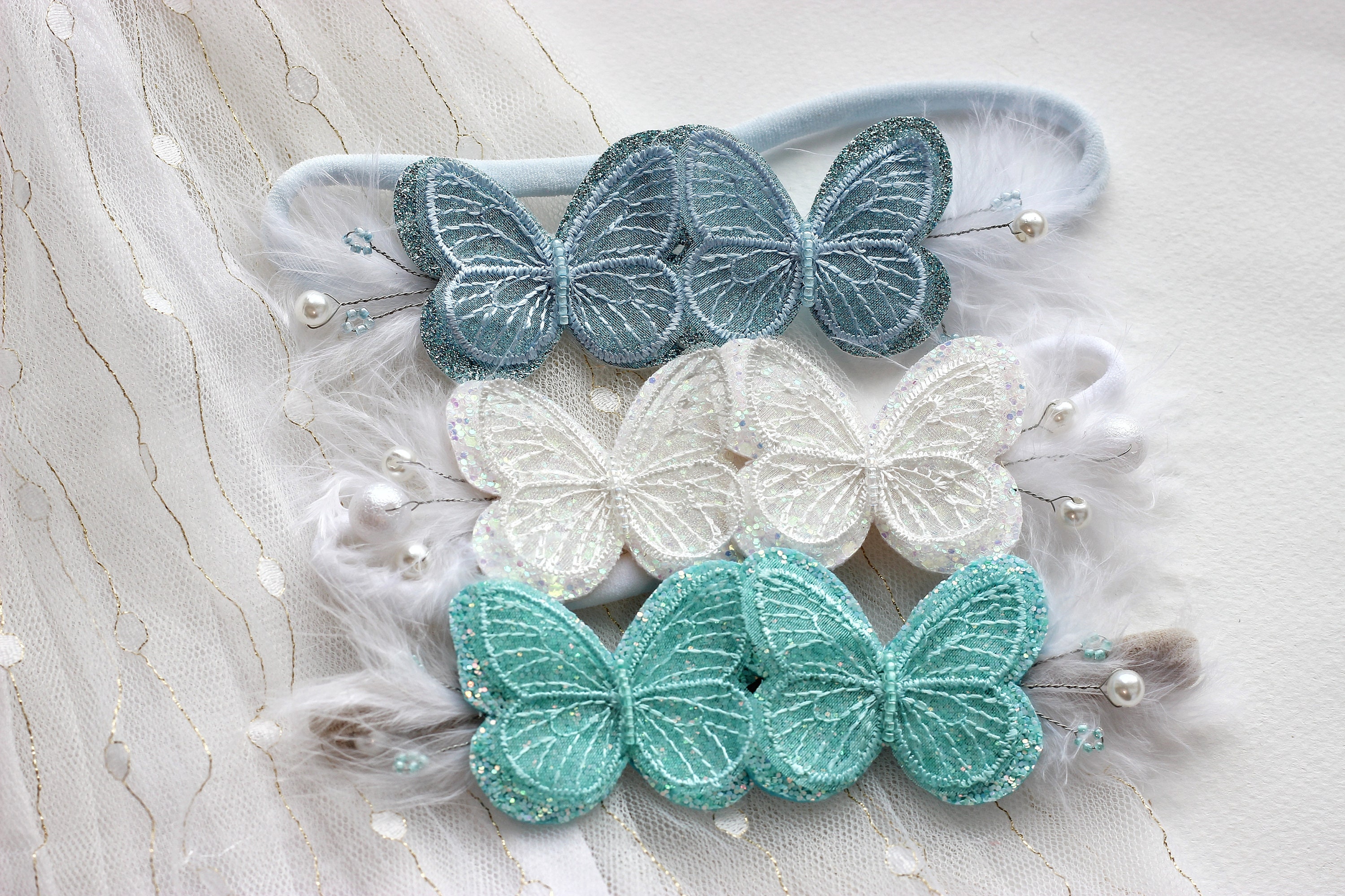 White butterfly baby headband, butterfly headpiece, crystal headpiece, butterfly birthday party, first birthday princess, blue butterfly