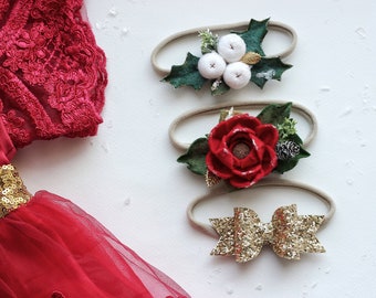Christmas baby headband, red flowers Christmas crown, gold bows headband, white holly berry headband, first Christmas baby look, jewelry