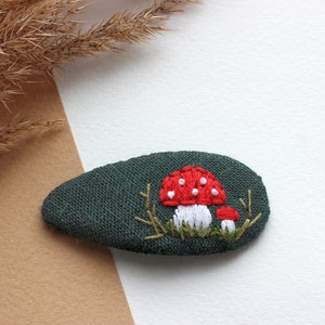 Mushroom hair clip, mushroom jewelry, strawberry snap clip,flowers barrette, toadstool clips, fly agaric accessories, embroidered hair clip Mushroom clip