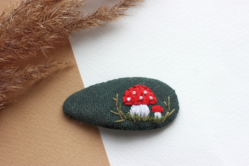 Mushroom hair clip, mushroom jewelry, strawberry snap clip,flowers barrette, toadstool clips, fly agaric accessories, embroidered hair clip Mushroom clip