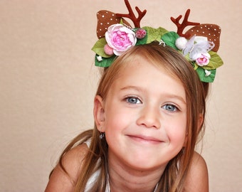 Deer flower crown, woodland deer headband, deer fawn ears, first birthday party, autumn photo prop, pink flowers crown, antlers deer