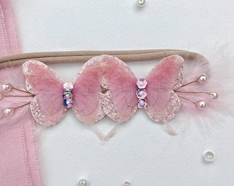Pink butterfly baby headband, butterfly headpiece, crystal headpiece, butterfly birthday party, first birthday princess, butterfly jewelry