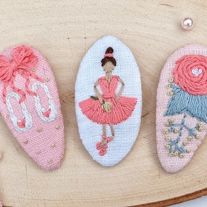 Ballerina hair clip, ballet hair accessories, ballerina barrette, cute pink snap clip, ballerina birthday party, embroidered hair clip