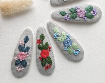 Embroidery Hair Clip, White Flowers Barrette, Purple Snap Clip