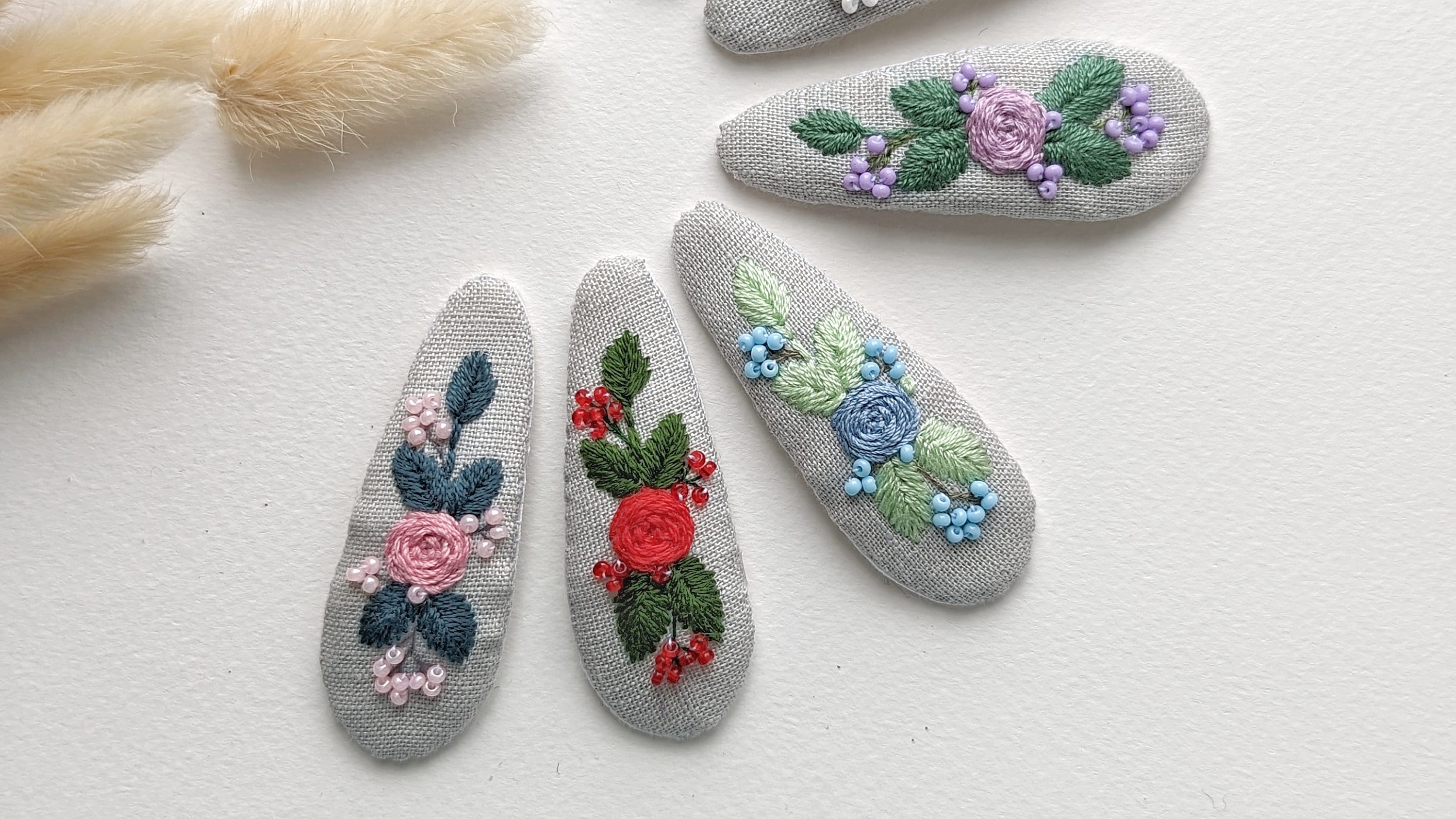Embroidery Hair Clip, White Flowers Barrette, Purple Snap Clip