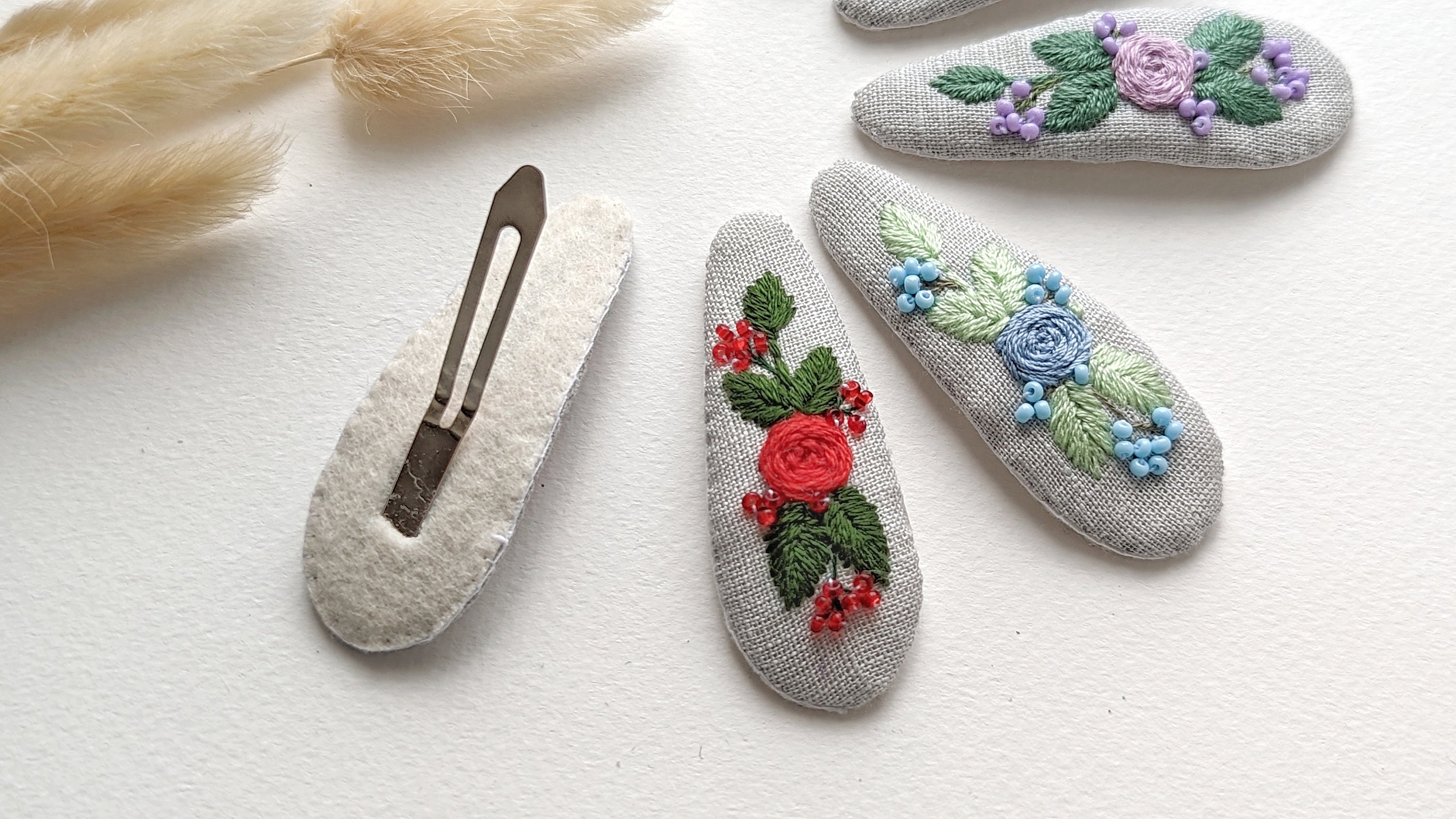 Embroidery Hair Clip, White Flowers Barrette, Purple Snap Clip