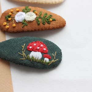 Mushroom hair clip, mushroom jewelry, strawberry snap clip,flowers barrette, toadstool clips, fly agaric accessories, embroidered hair clip image 4