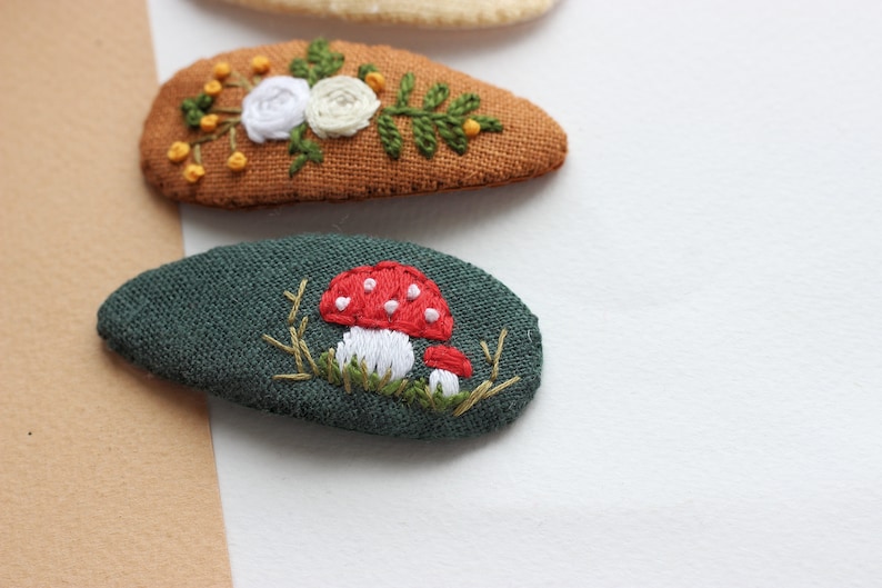 Mushroom hair clip, mushroom jewelry, strawberry snap clip,flowers barrette, toadstool clips, fly agaric accessories, embroidered hair clip image 4