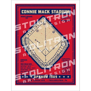 May include: A vintage-style illustration of Connie Mack Stadium, a baseball stadium in Philadelphia, Pennsylvania. The illustration shows a red background with a white baseball diamond and blue text. The text includes the stadium's name, "Connie Mack Stadium", the date it was opened, "Opened 1909", and its address, "213 W Lehigh Ave. Philadelphia, PA".