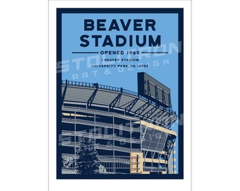 May include: A blue and white illustration of Beaver Stadium, a large outdoor stadium with a scoreboard, located in University Park, Pennsylvania. The stadium was opened in 1960.