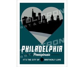 Philadelphia EAGLES LOVE Pennsylvania Heart Skyline Art Poster 12x18, 18x24, or 24x36 inches