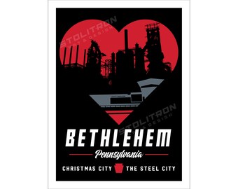 BETHLEHEM PENNSYLVANIA Heart Skyline Wall Art Print Poster Office Decor 12x18, 18x24, or 24x36 inches Steel Stacks Lehigh Valley