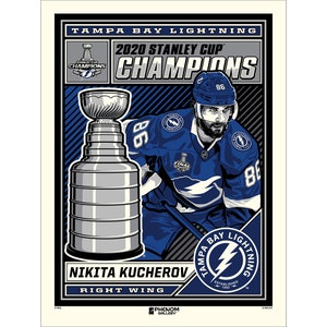 May include: A poster featuring Nikita Kucherov, a hockey player for the Tampa Bay Lightning, holding the Stanley Cup trophy. The poster is blue, white, and gray with the text "2020 Stanley Cup Champions" and "Tampa Bay Lightning" in bold black letters.