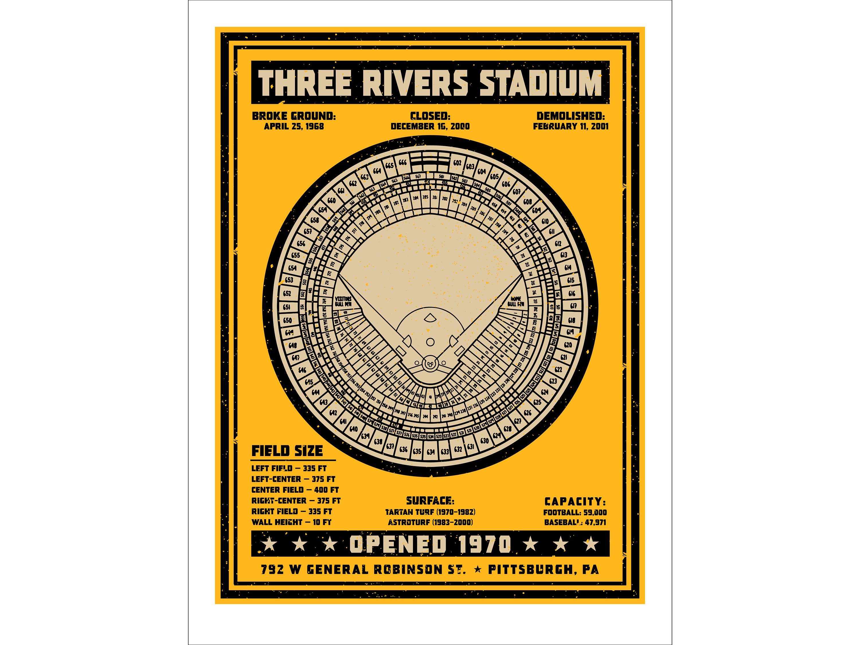 Three Rivers Stadium Seating Chart Diagram Poster 12x18, 18x24, or 24x36  inches Concrete Ghost Series Pittsburgh, PA