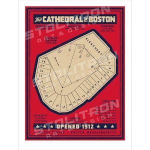 May include: A vintage-style illustration of Fenway Park, a baseball stadium in Boston, Massachusetts. The illustration is in red, white, and blue colors and includes the stadium's dimensions, capacity, and the text "The Cathedral of Boston".