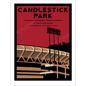 May include: A vintage-style poster featuring a red background with a black silhouette of Candlestick Park, a former stadium in San Francisco, California. The poster includes the text "Candlestick Park" in black lettering, "Opened 1960" in white lettering, and the address "402 Jamestown Avenue, San Francisco, California 94124" in white lettering.