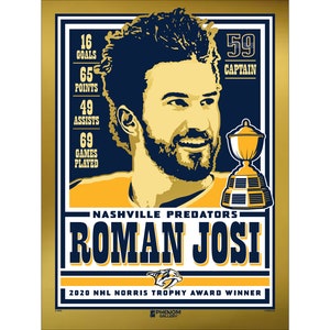 May include: A gold and blue poster featuring a portrait of Roman Josi, a hockey player for the Nashville Predators. The poster includes his statistics, the team logo, and the text "2020 NHL Norris Trophy Award Winner".