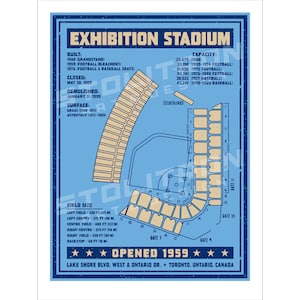 May include: A vintage-style illustration of Exhibition Stadium, a former baseball and football stadium in Toronto, Canada. The illustration shows the stadium's layout, including the seating areas, field dimensions, and gates. The text includes the stadium's capacity, dates of construction and demolition, and surface type.