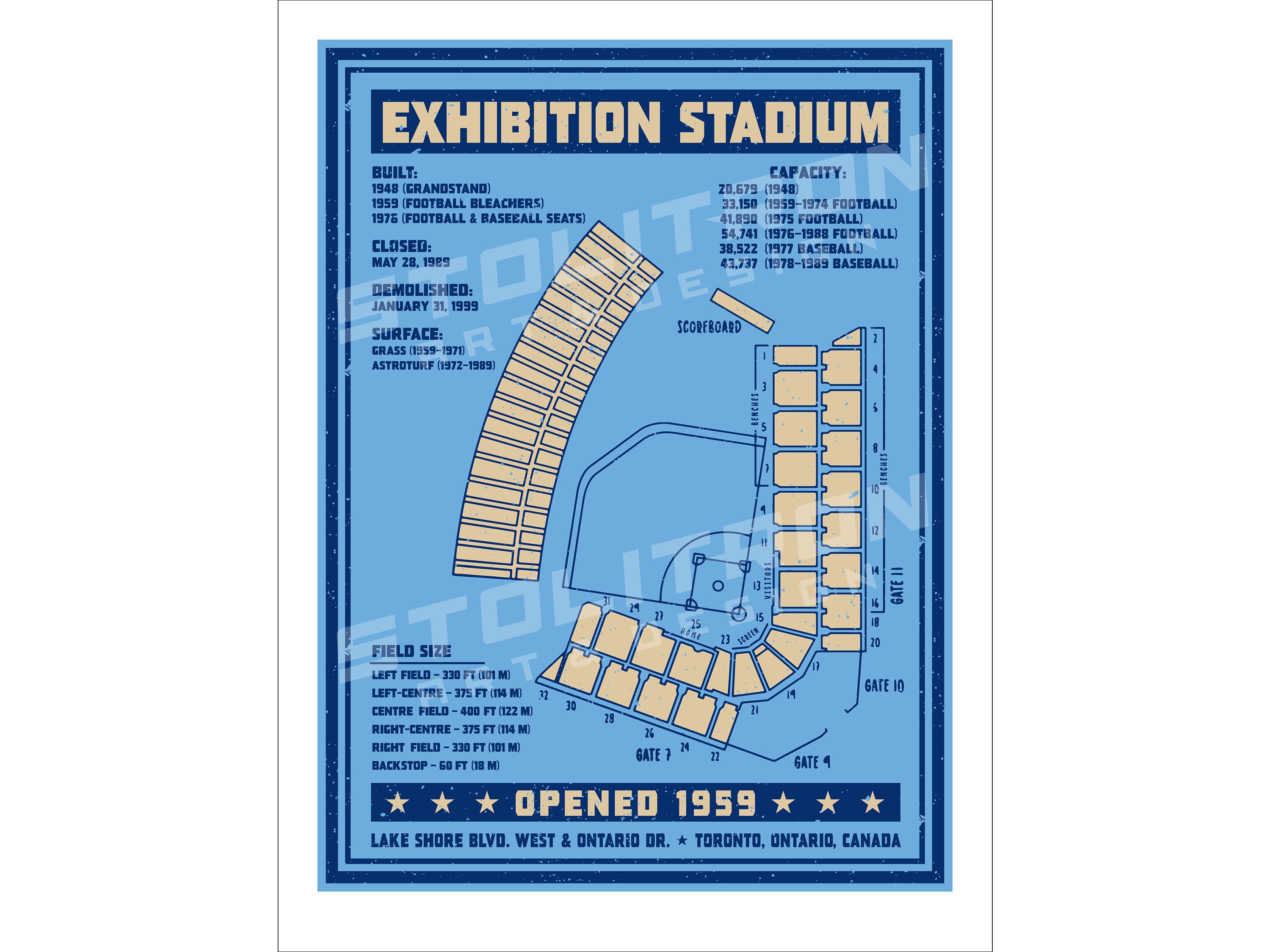 EXHIBITION STADIUM Seating Chart Diagram Poster Print 12x18, 18x24, 24x36  inches Toronto, Ontario
