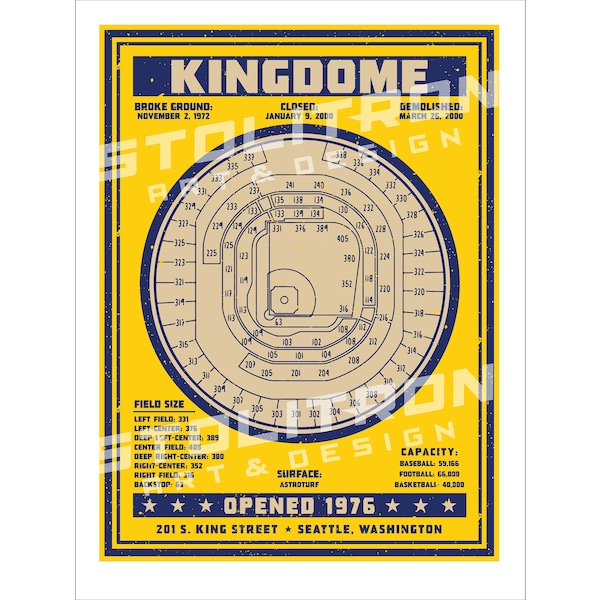 KINGDOME Stadium Seating Chart Diagram Poster 12x18, 18x24, or 24x36 inches Concrete Ghost Series Seattle, WA Mariners