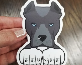 Rescue Dog Knuckle Tattoos Vinyl Sticker | Pibble Pitbull Pitty