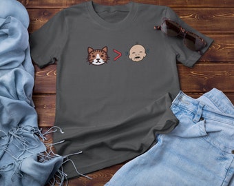 Childfree By Choice | Cats are Better Than Babies | Funny Unisex Adult Shirt, Kitty and Baby Emoji, Childless, No Kids, DINK, Cat Lover