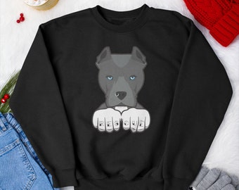 Rescue Pit Bull Sweatshirt with Knuckle Tattoos - Funny Cartoon Design | Dog Lovers, Pitties, Pitbull Lovers Rescue Dogs