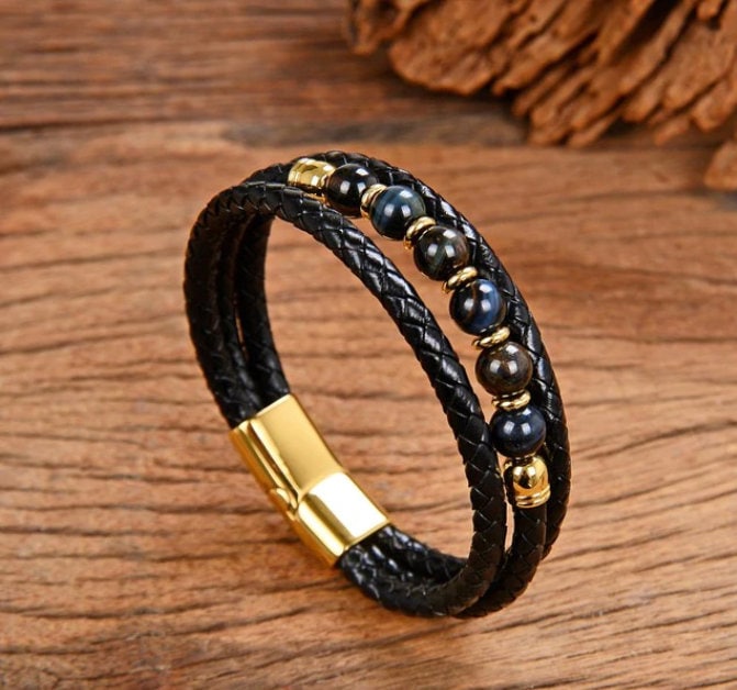 Tiger Eye Natural Stone Beaded Women Men Leather Bracelet - Etsy Canada