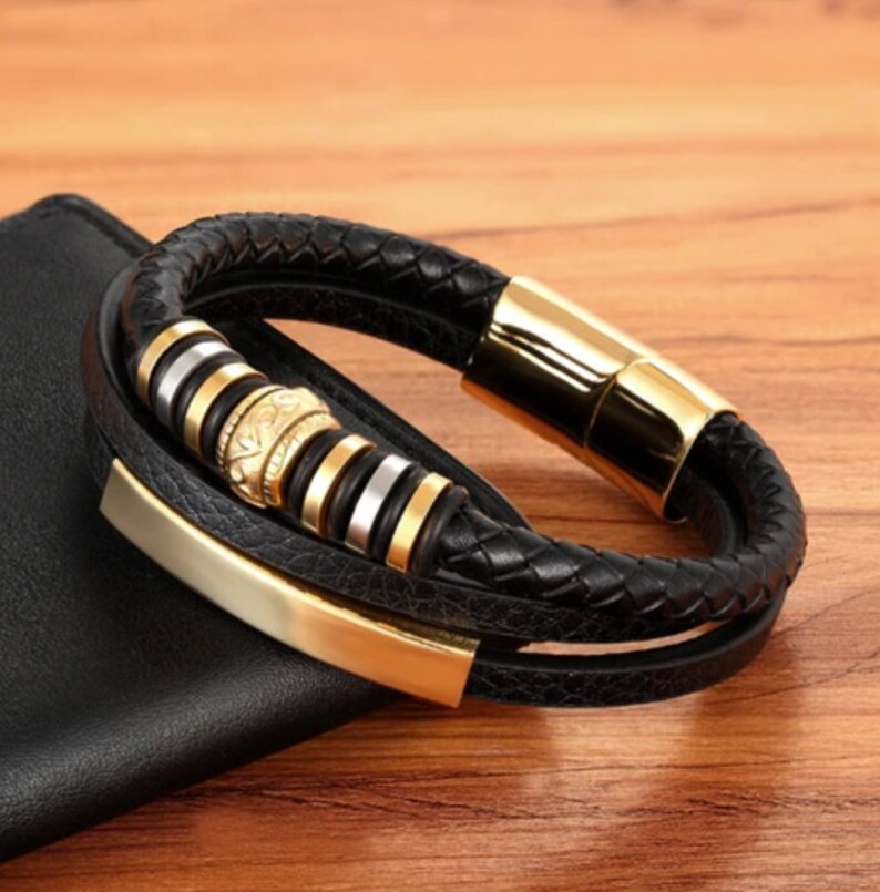 Multilayer Luxury Men Women Black Leather Gold Plate Bracelet Etsy UK