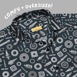 Shifting Gears Button Up |  Unisex Oversized Hawaiian Shirt | Engineer, Car, Novelty Top, Holiday, Party, Unique Funny Gift Idea