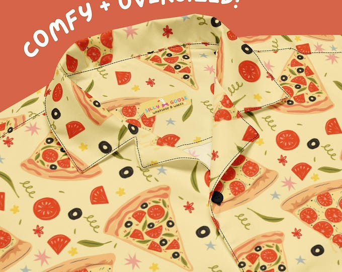 Pizza Party Button Up | Retro Cheesy Food Print Shirt | Quirky Novelty Top, Nostalgic Y2K Style, New York Outfit, Funny Unique Foodie Gift